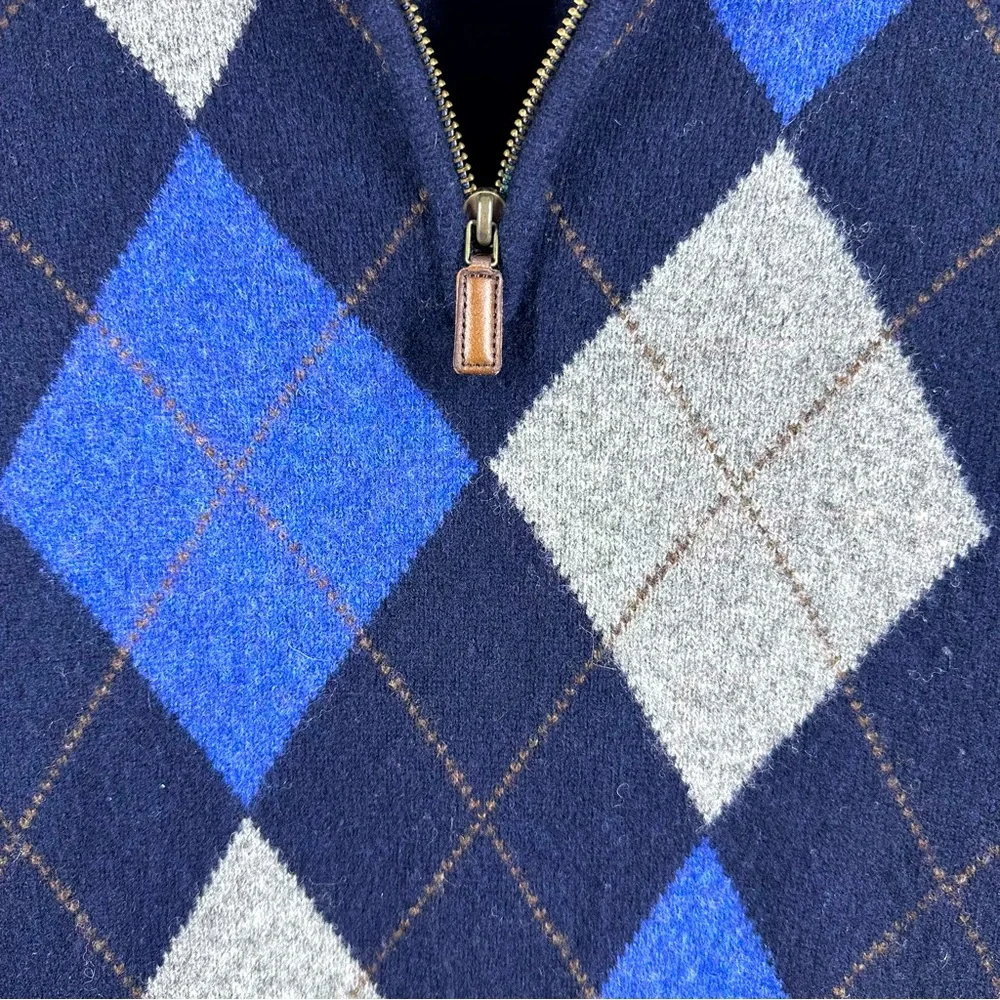 J. Crew 100% Lambs Wool Argyle Quarter Zip Sweater with Elbow Patch Large EUC